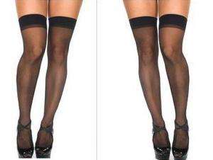Sheer Plain Top Basic BLACK Thigh High Stockings Nylons  