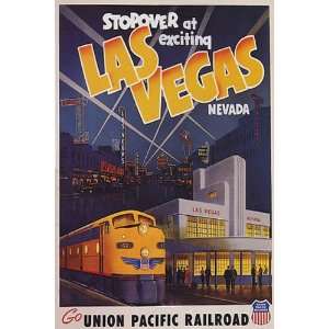  STOPOVER AT EXCITING LAS VEGAS NEVADA TRAIN VINTAGE POSTER 