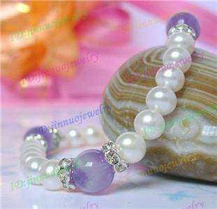 8mm White Akoya Cultured Pearl + Violet Gem Bracelet  