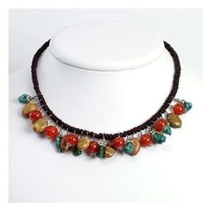  Ster. Silver Created Turquoise Jasper Carnelian Necklace 