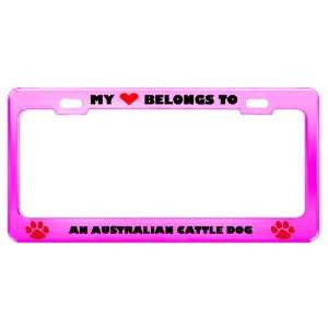 An Australian Cattle Dog Pet Pink Metal License Plate Frame Tag Holder