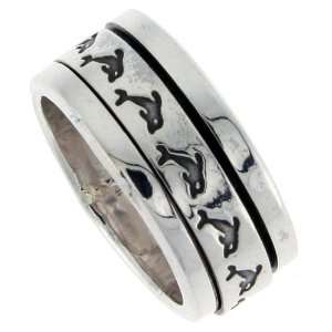  Sterling Silver 3/8 (10 mm) Dolphin Spinner Ring size 13 