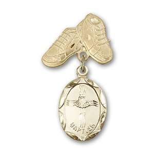  14kt Gold Baby Badge with Baptism Charm and Baby Boots Pin 