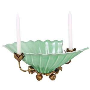 Lotus Leaf Celadon Porcelain and Brass Bowl Candleholder  