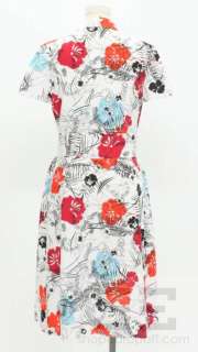 Carolina Herrera White Multi Color Floral Cotton Shirt Dress Size 8 