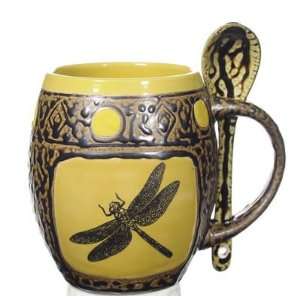  Ceramic Pottery Mug with Yellow Dragonfly and Spoon 