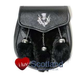  Leather Sides Sporran With Thistle Rabbit Black Tassels 