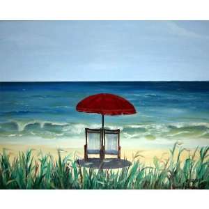  Beach Chairs with Umbrella Original Oil Painting, 2009 