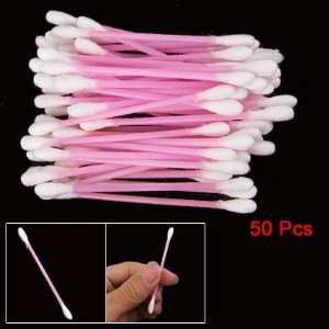  50 Pcs White Pink Plastic Rod Double Ended Cotton Buds 