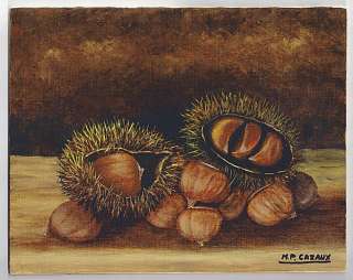 FRENCH OIL PAINTING STILL LIFE CHESTNUTS ON WOOD BOARD  