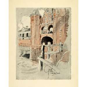  1909 Print Water Gate Sneek Netherlands Clock Architecture 