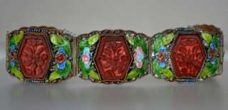 Antique Chinese Carved Cinnabar Enamel Flowers Leaves Silver Copper 