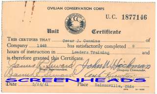 1941 Unit Certificate CIVILIAN CONSERVATION CORPS  