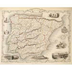  Spain and Portugal Map Mapmaker Tallis Published 1851 