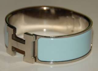 Hermes Clic H Wide Enamel Baby Blue Silver Palladium Bangle Bracelet 