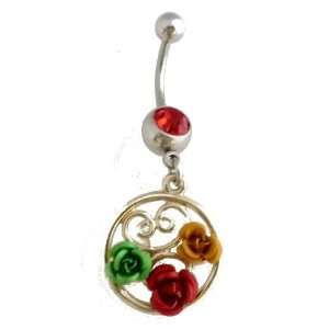 Roses in Golden Circle Dangle Belly Ring with CZ Stone 316l Surgical 