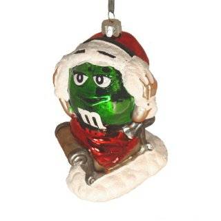 Candy Fantasy Green M&M wearing Santa Hat on Snow Sled Glass Christmas 