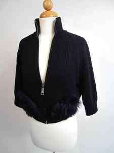   Ribbed Zip Sweater with Alpaca Fur Pockets Chic shorter cut size 40