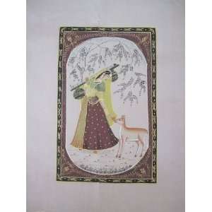  Wall Hanging Silk Painting Woman & Deer Ragini Art