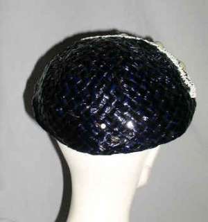 Darling Clam Shaped 1950 Shiney Straw Hat w White Beads  
