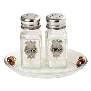  Shabbat Glass Salt and Pepper Shakers with White Flowers 