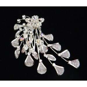  Crystal Flowers With Silvery Leaves And Crystal Hair Comb 