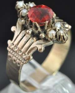   10K Yellow Gold Red Glass & Seed Pearl Victorian Cluster Ring 9  