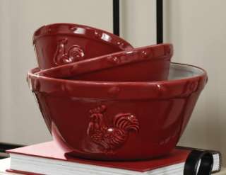 COUNTRY ROOSTER KITCHEN 3 PC SET RED CERAMIC MIXING OR SERVING BOWL 