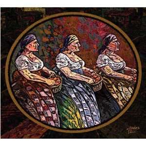  3 Italian Sisters Woodcut by Charles Pace. Size 20.00 X 18 