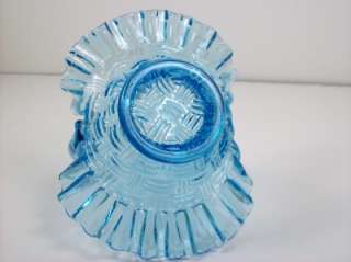 Vintage Blue Art Glass Handled Basket Candy Dish Ruffled Rim  