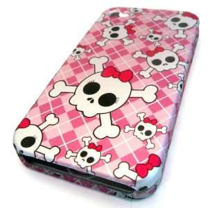Apple iPhone 4 4S 4G Pink Checkered Baby Skulls Cute Rubberized Feel 