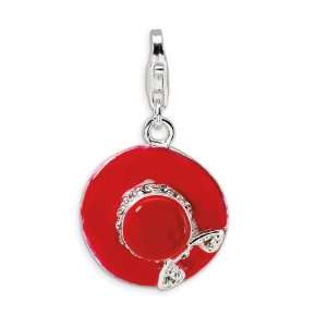    925 Sterling Silver CZ Enamel Red Hat Ladies Charm Jewelry