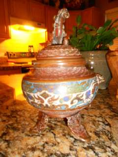 antique Made in Japan BRONZE CHAMPLEVE incense burner,foo dog  