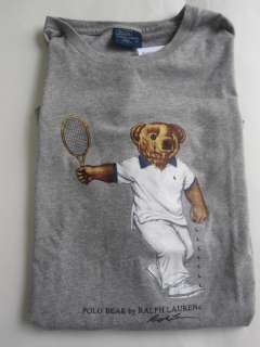 Polo Ralph Lauren Teddy Bear T Shirt Tee Top Grey Tennis Graphic Teddy 
