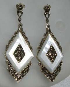 Vntg DECO Sterling Mother of Pearl Marcasite Earrings  