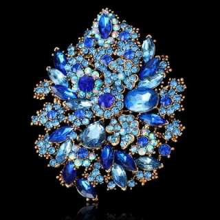 ARINNA sapphire blue floral flower shape brooch pin gold GP swarovski 