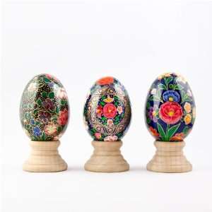  3 Wooden Eggs Set with Stands, Ukrainian Easter Eggs 