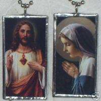 SACRED HEART JESUS / VIRGIN MARY ART GLASS PENDANT  