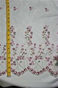 White Embroidered Organza Fabric w burgundy/pink flowers 54 wide 