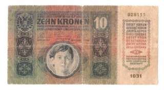 Romania 10 Kronen 1919 (1915) P R2 RARE Banknote VG  
