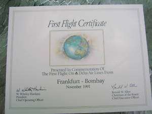 DELTA AIR LINES FIRST FLIGHT CERTIFICATE DELTA FRANKFURT   BOMBAY 