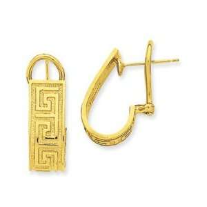  14k Yellow Gold Polished Greek Key Hoop Omega Back Post 