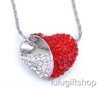 RED WHITE HEART PENDANT NECKLACE USE SWAROVSKI CRYSTALS  
