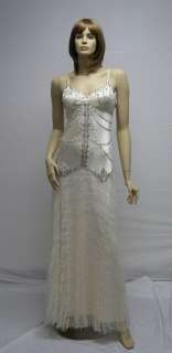   Designer Long Dress 6 Cream Off White Ivory Beige Beaded Lace Pleaded
