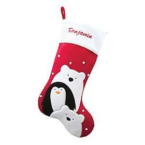 Personalized Penguin and Polar Bears Red Velvet Stocking 
