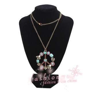 Old bronze Plated Chiffon Rhinestone Peace Sign Necklace  