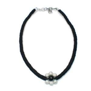   Black Hemp Necklace Choker Sparkle Silver Tone Beaded Flower Jewelry