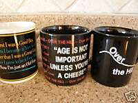 Three OVER THE HILL coffee cup mug collection sayings  
