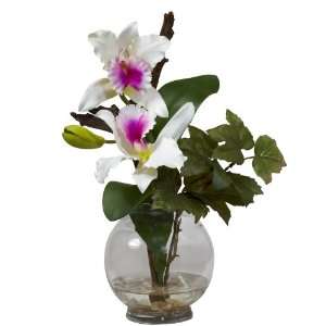 Real Looking Mini Cattleya w/Fluted Vase Silk Flower Arrangement White 