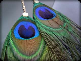 Vintage Green blue Peacock Feather Necklace Gold GP NEW  